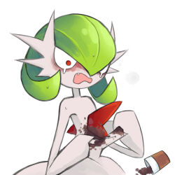  bob_cut coffee colored_skin dmt_(auburn) dress gardevoir green_hair mega_gardevoir mega_pokemon oerba_yun_fang open_mouth pokemon pokemon_(creature) red_eyes simple_background spill stained_clothes teardrop white_background white_dress white_skin 