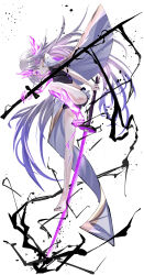  absurdres black_nails chest_jewel coat coat_on_shoulders cracked_skin crop_top crystal_horns crystal_sword dual_wielding dynamic_pose energy face_jewel female gem glowing glowing_eyes grey_hair hair_over_one_eye highres holding holding_sword holding_weapon hololive hololive_english ink jewel_under_eye katana koseki_bijou long_hair looking_at_viewer material_growth multicolored_gemstone official_alternate_costume planted planted_sword pleated_skirt purple_eyes purple_gemstone serious skirt standing_on_sword sword tatsunami1379 very_long_hair virtual_youtuber weapon white_skirt 