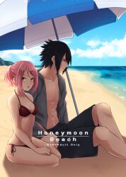  1boy beach_umbrella bikini black_eyes black_hair blue_sky boruto:_naruto_next_generations breasts closed_mouth cloud cloudy_sky comiket_94 content_rating cover cover_page doujin_cover english_text female green_eyes grey_jacket husband_and_wife jacket looking_at_viewer male_swimwear muscular muscular_male naruto_(series) navel ohringood open_clothes open_jacket open_mouth outdoors pink_hair red_bikini sakura_haruno sand short_ponytail sitting sky small_breasts spiked_hair straight summer swim_trunks swimsuit uchiha_sasuke umbrella water 