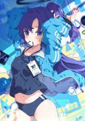  absurdres arms_up black_buruma black_shirt blue_archive blue_buruma blue_eyes blue_jacket blush breasts buruma female gym_shirt gym_uniform halo highres hua-huahua id_card jacket long_hair looking_at_viewer mechanical_halo mouth_hold navel official_alternate_costume open_clothes open_jacket purple_eyes purple_hair shirt short_sleeves solo star_sticker sticker_on_face track_jacket yuuka_(blue_archive) yuuka_(track)_(blue_archive) 