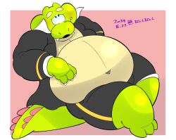  2024 absurd_res alligator alligatorid anthro belly big_belly big_cheeks bottomwear chubby_cheeks clothing crocodilian green_body hi_res kemono m2vcjtad5hsdvla male navel overweight overweight_male reptile scalie shorts simple_background sitting solo 