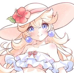  alternate_costume bare_shoulders bikini blonde_hair blue_eyes blush breasts cleavage collarbone commentary earrings female flower frilled_bikini frills hat hat_flower head_tilt hibiscus jewelry konata_w1225 leaf long_hair looking_at_viewer mario_(series) princess_peach ribbon simple_background smile solo sun_hat swimsuit twitter_username upper_body white_background 