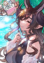  0inak0 breasts brown_horns cleavage closed_eyes djeeta_(granblue_fantasy) djeeta_(summer)_(granblue_fantasy) extra_ears female galleon_(granblue_fantasy) galleon_(summer)_(granblue_fantasy) granblue_fantasy hair_ornament highres horns lyria_(granblue_fantasy) multicolored_hair narmaya_(granblue_fantasy) official_alternate_costume pointy_ears see-through see-through_cleavage solo streaked_hair swimsuit vyrn_(granblue_fantasy) 