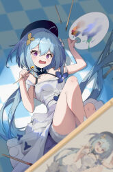  absurdres ahoge bare_shoulders beret black_beret blue_hair breasts checkered_floor dianhua_dianhua_he dress female griseo griseo_(starry_impression) hair_between_eyes hair_ornament hat highres holding holding_brush holding_palette honkai_(series) honkai_impact_3rd light_blue_hair long_hair lying on_back on_floor open_mouth painting_(object) palette_(object) purple_eyes shorts shorts_under_dress small_breasts solo thighs white_dress white_shorts 