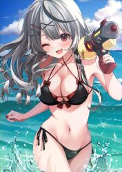  bikini black_bikini black_hair blue_sky breasts cleavage cloud double_bikini female grey_hair highres holding holding_water_gun hololive large_breasts long_hair mamdtsubu multicolored_hair nail_polish navel oerba_yun_fang one_eye_closed open_mouth red_bikini red_eyes red_nails sakamata_chloe side-tie_bikini_bottom sky smile solo streaked_hair swimsuit virtual_youtuber wading water water_gun 