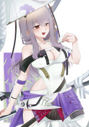  :d absurdres bare_shoulders bibie307 blush breasts brown_eyes cleavage cup female goddess_of_victory:_nikke hair_between_eyes hat highres katana long_hair medium_breasts open_mouth purple_hair sakazuki scarlet_(nikke) simple_background smile solo sword weapon white_background 