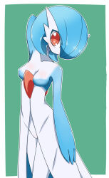  alternate_color arm_behind_head blue_hair blue_skin bob_cut breasts colored_skin dress female gardevoir green_background hair_over_one_eye highres looking_at_viewer multicolored_skin neichii pink_eyes pokemon pokemon_(creature) shiny_pokemon simple_background two-tone_skin white_dress white_skin 