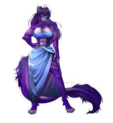  absurd_res anthro bottomwear canid canine canis clothing felid female fur galdway hi_res horn iris_grim lime_eyes lycafel mammal prehistoric_species purple_body purple_fur saber-toothed_tiger skirt solo topwear tube_top wolf 