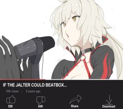  absurdres beatboxing black_gloves breasts collarbone fake_screenshot fate/grand_order fate_(series) female gloves grey_hair highres jeanne_d&#039;arc_alter_(fate) jeanne_d&#039;arc_alter_(swimsuit_berserker)_(fate) long_hair sally_(luna-arts) solo yellow_eyes youtube 