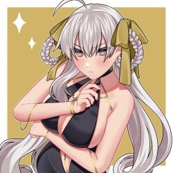  ahoge akio_(akio1124) bare_shoulders bb_dubai_(fate) bb_dubai_(fate)_(cosplay) black_dress blush bracelet braid braided_hair_rings breasts center_opening cleavage cosplay dress fate/grand_order fate_(series) female grey_hair hair_ribbon highres jeanne_d&#039;arc_alter_(avenger)_(fate) jeanne_d&#039;arc_alter_(fate) jewelry large_breasts long_hair looking_at_viewer necklace ribbon solo twin_braids very_long_hair yellow_eyes yellow_ribbon 