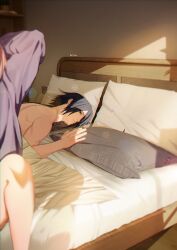  1boy absurdres arms_up bare_shoulders bed bed_sheet bedroom black_eyes black_hair boruto:_naruto_next_generations chair closed_mouth curtains female highres husband_and_wife indoors long_sleeves lying naruto_(series) niku_(ni23ku) on_stomach pajamas sakura_haruno shadow stretching table topless_male uchiha_sasuke window 