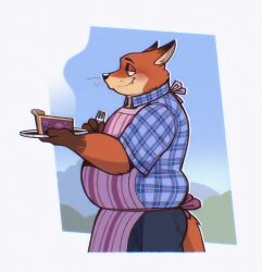  2024 anthro apron biped canid canine clothed clothing cutlery disney eating food fork fox fur gideon_grey half-closed_eyes hi_res holding_food holding_object kitchen_utensils love_handles male mammal narrowed_eyes nick_wilde orange_body orange_fur outside overweight overweight_anthro overweight_male pastry pattern_clothing pie plaid plaid_clothing smile solo soulfullhyena standing tools zootopia 