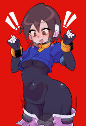  ! !! 1other absurdres aile_(mega_man_zx) black_bodysuit black_eyes blue_jacket blush bodysuit bodysuit_under_clothes breasts brown_hair buzzlyears clothes_pull covered_navel cropped_jacket female highres jacket medium_breasts mega_man_(series) mega_man_zx red_background ringed_eyes robot_ears short_hair shorts shorts_pull simple_background solo_focus sweat tears white_shorts 