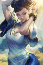  black_hair bracelet breasts china_dress chinese_clothes chun-li cleavage cleavage_cutout closed_mouth clothing_cutout double_bun dress earrings female hair_bun highres jewelry large_breasts looking_down pearl_earrings ribbon short_sleeves signature smile solo stanley_lau street_fighter street_fighter_6 tying_hair yellow_ribbon 