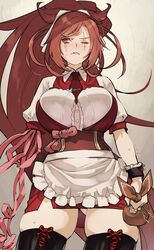  alternate_costume amputee apron baiken big_hair breasts center_frills collared_shirt enmaided female frills from_below guilty_gear highres holding jako_(toyprn) japanese_clothes kataginu large_breasts looking_to_the_side maid miniskirt necktie one-eyed pink_hair ponytail red_necktie red_skirt scar scar_across_eye shirt skindentation skirt solo sweat thighhighs waist_apron wrist_cuffs zettai_ryouiki 