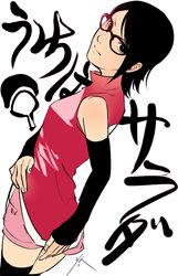  arm_warmers black_eyes black_hair boruto:_naruto_next_generations female glasses high_collar looking_at_viewer looking_back naruto_(series) red-framed_eyewear shirt short_hair shorts sleeveless sleeveless_shirt solo thighhighs uchiha_sarada zifletts 