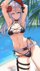  aged_up alternate_breast_size beach bikini blue_eyes blush breasts day female girls&#039;_frontline highres jamgom layered_bikini medium_breasts mp5_(girls&#039;_frontline) multi-strapped_bikini navel o-ring o-ring_bikini one_eye_closed outdoors smile solo swimsuit white_hair 