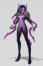  armor black_nails blue_hair breasts closed_mouth colored_skin concept_art female full_body gradient_background grey_background high_heels highres horns league_of_legends long_hair medium_breasts nail_polish navel no_pupils pink_lips pink_skin shoulder_armor solo standing vladbacescu zyra 