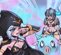  2girls angry animal armor ashe_(league_of_legends) black_cape blue_eyes blush breasts bristle broken_horn cape cleavage collarbone emphasis_lines fake_horns fur-trimmed_armor fur_trim green_eyes grey_hair helmet hood hood_up hooded_cape horned_helmet horns large_breasts league_of_legends lower_teeth_only medium_hair multicolored_background multiple_girls navel one_eye_closed open_mouth phantom_ix_row pig sejuani shiny_skin short_hair shoulder_plates stomach teeth tusks 