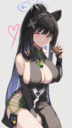  ;) animal_ear_fluff animal_ears bare_shoulders black_dress blue_archive blue_hair blush breasts bridal_gauntlets candy chocolate cleavage cleavage_cutout clothing_cutout collarbone colored_inner_hair dress female food green_eyes grey_background halo heart heart-shaped_chocolate highres jamgom large_breasts long_hair looking_at_viewer multicolored_hair one_eye_closed pelvic_curtain ponytail shun_(blue_archive) sidelocks simple_background sitting smile solo very_long_hair 