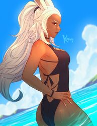  animal_ears ass blurry blurry_background bracelet breasts dark-skinned_female dark_skin day dutch_angle female final_fantasy final_fantasy_xii fran_(ff12) hand_on_own_hip highres horizon jewelry koyorin long_hair looking_at_viewer medium_breasts one-piece_swimsuit outdoors ponytail profile rabbit_ears red_eyes solo swimsuit viera water wet white_hair 