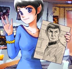  black_hair blue_dress blue_eyes blurry blurry_background chutohampa commentary drawing_(object) dress female genderswap_(mtf) hand_up long_sleeves looking_at_viewer photo_background pointy_ears rule_63 salute short_hair signature spock standing star_trek star_trek_the_original_series starfleet_uniform vulcan vulcan_salute 