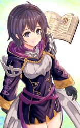  black_eyes black_gloves black_hair book closed_mouth commentary_request dress female fire_emblem fire_emblem_awakening fire_emblem_heroes fuussu_(21-kazin) gloves highres hood hood_down long_sleeves morgan_(female)_(fire_emblem) morgan_(fire_emblem) open_book short_dress short_hair smile solo 