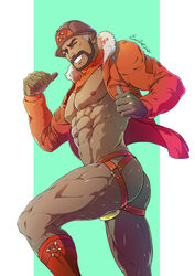  1boy abs ass bandana bara bare_pectorals beard brown_hair clenched_teeth dark-skinned_male dark_skin evinist expedition_uniform facial_hair fur-trimmed_jacket fur_trim gloves helmet highres jacket jockstrap large_pectorals leg_up looking_at_viewer male_focus male_underwear mature_male muscular muscular_male nipples one_eye_closed open_clothes open_jacket orange_bandana orange_jacket orange_male_underwear pectorals peony_(pokemon) pokemon pokemon_swsh short_hair smile solo teeth thick_thighs thighs two-tone_background underwear 