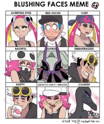  2boys 2girls bandana baseball_cap black_bandana black_headwear blush blush_stickers closed_eyes commentary crossed_arms cup embarrassed english_commentary english_text expressions eyeshadow facepalm furrowed_brow golisopod guzma_(pokemon) happy hat heart heart-shaped_eyes holding holding_cup long_hair looking_at_another looking_at_viewer makeup medium_hair meme mug multiple_boys multiple_girls pink_eyes pink_hair plumeria plumeria_(pokemon) pokemon pokemon_(creature) pokemon_sm portrait punk_girl_(pokemon) punk_guy_(pokemon) purple_eyes rocketmeron salandit salazzle simple_background skitty sleeveless steam sunglasses team_skull team_skull_grunt team_skull_uniform white_background white_hair white_headwear yellow_eyes 