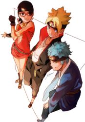  2boys belt black_hair blonde_hair blue_eyes blue_hair boruto:_naruto_next_generations facial_mark female forehead_protector full_body glasses hands_in_pockets highres japanese_clothes konohagakure_symbol mitsuki_(naruto) multiple_boys naruto_(series) red-framed_eyewear short_hair sleeveless smile stretching toeless_footwear uchiha_sarada uzumaki_boruto whisker_markings yellow_eyes zifletts 