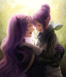  2girls armor blue_scarf camilla_(fire_emblem) closed_eyes commission fire_emblem fire_emblem_fates from_side gloves hair_bun horns hug kana_(female)_(fire_emblem) kana_(fire_emblem) kazuko_(towa) long_hair mother_and_daughter multiple_girls open_mouth pointy_ears purple_gloves purple_hair scarf single_hair_bun tiara upper_body 