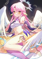  animal_ears asymmetrical_legwear bare_shoulders bird_ears black_feathers black_gloves boots breasts brown_footwear closed_mouth commentary cross-shaped_pupils elbow_gloves feathered_wings feathers female gloves gradient_hair hair_between_eyes halo highres jibril_(no_game_no_life) long_hair looking_at_viewer medium_breasts multicolored_hair navel no_game_no_life parted_bangs pink_hair pink_thighhighs single_glove skirt smile socks solo spiked_halo striped_clothes striped_socks symbol-shaped_pupils tattoo thighhighs very_long_hair white_wings wing_ears wings yellow_eyes yellow_skirt yunweishukuang 