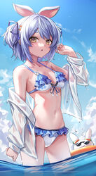  :o absurdres animal_ears bare_shoulders bikini bikini_under_clothes blue_hair blue_ribbon blue_sky brown_eyes carrot_hair_ornament cloud collarbone commentary day female food-themed_hair_ornament frilled_bikini frills front-tie_bikini_top front-tie_top hair_ornament hair_ribbon hand_up highres hololive long_sleeves looking_at_viewer navel off_shoulder official_alternate_hair_length official_alternate_hairstyle open_clothes open_shirt outdoors parted_lips pekomon_(usada_pekora) rabbit_ears ribbon see-through shirt short_eyebrows short_hair sky sleeves_past_wrists solo_focus standing swimsuit thick_eyebrows two_side_up usada_pekora virtual_youtuber water wet wet_hair white_bikini white_shirt wszkii 