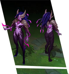  alternate_costume armor ass black_nails blue_hair breasts closed_mouth colored_skin female full_body gem grass horns league_of_legends medium_breasts multiple_views nail_polish no_pupils outdoors pink_hair pink_skin shoulder_armor standing vladbacescu zyra 