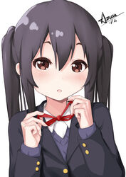  absurdres adjusting_neck_ribbon black_hair black_jacket blazer blush brown_eyes character_name chinese_commentary collared_shirt commentary female hair_between_eyes hands_up highres jacket k-on! long_hair long_sleeves looking_at_viewer nakano_azusa neck_ribbon open_mouth pear_sauce red_ribbon ribbon sakuragaoka_high_school_uniform school_uniform shirt signature simple_background solo twintails upper_body white_background white_shirt winter_uniform 