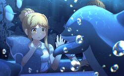  aquarium blush bubble commentary dolphin dress female fish gyorui_(katsuwo_drawing) hair_bun hair_up hand_on_glass highres holding holding_stuffed_toy idolmaster idolmaster_million_live! indoors light_brown_hair looking_at_animal parted_lips puffy_short_sleeves puffy_sleeves short_sleeves sidelocks single_hair_bun solo stuffed_animal stuffed_dolphin stuffed_toy tenkubashi_tomoka through_window upper_body white_dress yellow_eyes 