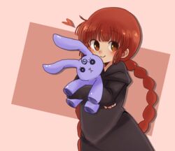  bad_id bad_pixiv_id black_robe blush braid brown_eyes brown_hair commentary_request crossed_arms female heart holding holding_stuffed_toy kukuri_(mahoujin_guruguru) looking_at_viewer low_twintails mahoujin_guruguru mikuzu_4869 pink_background robe simple_background smile solo standing stuffed_animal stuffed_rabbit stuffed_toy twin_braids twintails 