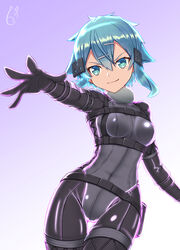  belt black_bodysuit blue_eyes blue_hair bodysuit breasts closed_mouth cosplay cowboy_shot female gradient_background hair_between_eyes hair_ornament hairclip highres looking_at_viewer on_kazu outstretched_arm outstretched_hand pitohui_(sao) pitohui_(sao)_(cosplay) short_hair_with_long_locks sidelocks sinon small_breasts smile solo sword_art_online sword_art_online_alternative:_gun_gale_online thigh_gap 