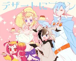  2boys 2girls belt black_hair blonde_hair blue_cape blue_eyes blue_hair blush braid breasts cape colored_eyelashes food gardevoir head_wings holding holding_plate horns huge_breasts looking_at_viewer mawile mimikyu multiple_boys multiple_girls open_mouth orange_belt orange_eyes personification plate pokemon primarina pudding puffy_sleeves red_eyes robe side_braid sidelocks sparkle star_(symbol) star_in_eye symbol_in_eye translation_request white_robe wings yuzu_ichika 