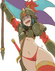  andrewcockroach armor bikini_armor blue_eyes blue_hair breastplate breasts combat_helmet dark_blue_hair fantasy female flag gauntlets helmet highres holding holding_flag navel open_mouth original panties pauldrons pommel red_panties scabbard sheath short_hair shoulder_armor shouting simple_background solo sword teeth thighhighs tongue underwear weapon white_background 