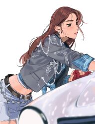  belt blue_shorts brown_eyes brown_hair car commentary denim denim_shorts earrings female genderswap_(mtf) grey_jacket haotmeal highres jacket jewelry k-pop leaning_forward long_hair midriff mole mole_under_eye motor_vehicle real_life rule_63 shorts simple_background sleeves_rolled_up solo sweat symbol-only_commentary washing_vehicle white_background zerobaseone zhang_hao 