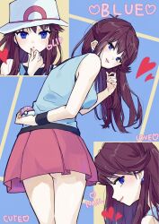  ass blue_background blue_eyes breasts brown_hair character_name cosplay demekin2333 dot_nose english_text female green_(pokemon) hat heart holding holding_poke_ball leaf_(pokemon) leaf_(pokemon)_(cosplay) leaning_forward long_hair looking_at_viewer love_ball miniskirt multiple_views poke_ball pokemon pokemon_adventures pokemon_frlg red_skirt skirt white_hat 