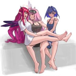  3girls abendago absurdres barefoot black_dress blue_eyes blue_hair breasts cleavage dark_blue_hair dress eyemask halo heterochromia highres hololive hololive_english horns irys_(hololive) mori_calliope mori_calliope_(sleepwear) multiple_girls nightgown ouro_kronii pink_hair red_eyes sitting sitting_on_lap sitting_on_person 