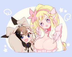  1boy blonde_hair blue_eyes braid breasts character_hat colored_eyelashes dress female hairband huge_breasts mimikyu oerba_yun_fang open_clothes personification pink_dress pink_hairband pokemon primarina star_(symbol) star_in_eye symbol_in_eye yuzu_ichika 