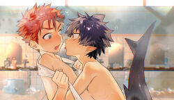  2boys absurdres bath black_hair dongju_azuma fish grey_eyes highres hug indoors male_focus multiple_boys nude orange_eyes original pointy_ears red_hair short_hair steam tongue tongue_out white_towel yaoi 