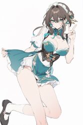  ai-generated breasts brown_hair clothes_lift dress female green_eyes highres honkai:_star_rail honkai_(series) kami_kuro8 large_breasts looking_at_viewer maid maid_headdress no_panties ruan_mei_(honkai:_star_rail) short_dress skirt skirt_lift socks solo thighs v 