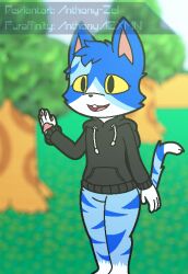  2020 4_fingers aliasing animal_crossing anthonyazxmn anthro artist_name black_clothing black_hoodie black_nose black_topwear blue_body blue_fur blue_hair blurred_background bottomless buckteeth clothed clothing day digital_media_(artwork) domestic_cat featureless_crotch felid feline felis fingers full-length_portrait fur grass hair hoodie hoodie_only male mammal moe_(animal_crossing) multicolored_body multicolored_fur nintendo open_mouth open_smile outside pawpads pink_pawpads pink_tongue plant portrait raised_tail smile solo standing striped_body striped_fur stripes tail teeth three-quarter_view tongue topwear topwear_only tree watermark white_body white_fur yellow_sclera 