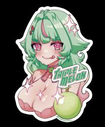  armpit_crease breasts choker cleavage commentary english_commentary female food food-themed_hair_ornament fruit green_hair hair_flaps hair_ornament heart heart-shaped_pupils highres indie_virtual_youtuber large_breasts melon melonminty melonminty_(vtuber) mole mole_under_eye multicolored_hair pink_eyes pink_hair smile solo sticker_(medium) streaked_hair symbol-shaped_pupils tongue tongue_out two-tone_hair upper_body virtual_youtuber watermelon_hair_ornament 