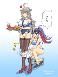  ahoge animal_ears animal_hat bikini black_thighhighs blue_bikini blue_hair blue_necktie breasts burger cat_ears cat_hat clothes_pull collared_shirt dated dress_shirt drink food french_fries geru gradient_background grey_eyes grey_hair hat headgear kantai_collection knee_pads large_breasts long_hair military_uniform multicolored_hair necktie official_alternate_costume panties ponytail red_hair shirt single_knee_pad skirt skirt_pull sleeveless sleeveless_shirt south_dakota_(kancolle) south_dakota_kai_(swimsuit_mode)_(kancolle) sports_bikini striped_clothes striped_thighhighs swimsuit thighhighs tray twitter_username underwear uniform vertical-striped_clothes vertical-striped_thighhighs visor_cap washington_(kancolle) white_background white_hair white_panties white_shirt white_skirt 