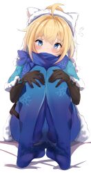  absurdres ahoge black_gloves blonde_hair blue_coat blue_pantyhose blue_scarf blush coat elbow_gloves female flying_sweatdrops full_body fur-trimmed_coat fur_trim gloves hair_between_eyes hamiro highres honkai:_star_rail honkai_(series) hugging_own_legs looking_at_viewer lynx_landau on_bed panties panties_under_pantyhose pantyhose scarf shadow short_hair simple_background sitting soles solo toes underwear white_background white_hood 